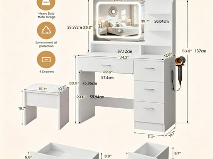 Vanity With LED Mirror And Storage Drawers For Bedrooms - Cream White