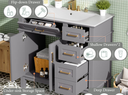 Modern Bathroom Vanity With Ceramic Sink, Soft Close Storage Cabinet