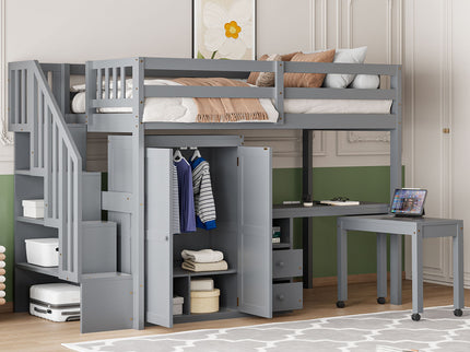 Loft Bed With Stairs, Bookshelf, Drawers, Desk & Wardrobe, Space Saving Multifunctional Furniture