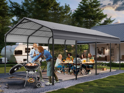 Metal Carport 12 X 20 Ft Heavy Duty With Galvanized Steel Roof Metal Garage Canopy With Galvanized Steel Roof & Frame Car Tent Outdoor Storage Shed For Car Boats And Truck - Alabaster / Dark Gray