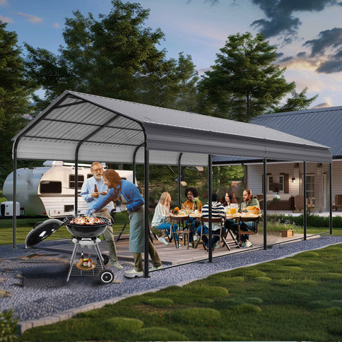 Metal Carport 12 X 20 Ft Heavy Duty With Galvanized Steel Roof Metal Garage Canopy With Galvanized Steel Roof & Frame Car Tent Outdoor Storage Shed For Car Boats And Truck - Alabaster / Dark Gray