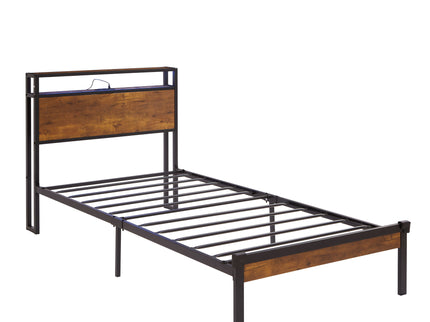 Twin Size Platform Bed Frame, LED Lights With Remote Control, USB Charging Port, Large Under Bed Storage - Black / Brown