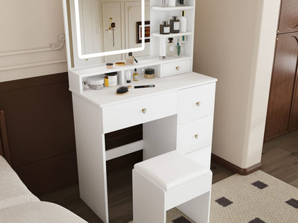 Vanity Desk With Mirror, 3 Color Lighting And Stool