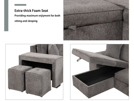 Modern L-Shape 3 Seat Reversible Sectional Couch, Pull Out Sleeper Sofa With Storage Chaise And 2 Stools For Living Room Furniture Set
