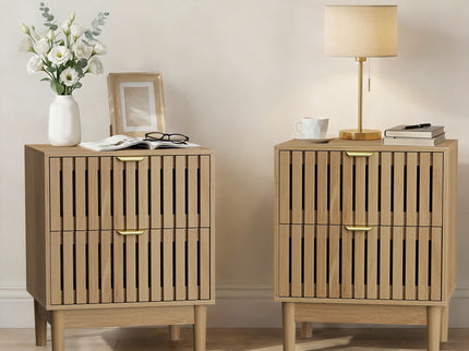 Bedside Table With Grille Design And 2 Drawers, Side Table For Bedroom - Oak