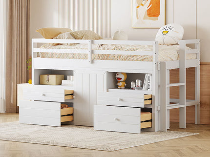 Loft Bed With 4 Drawers, Underneath Cabinet And Shelves