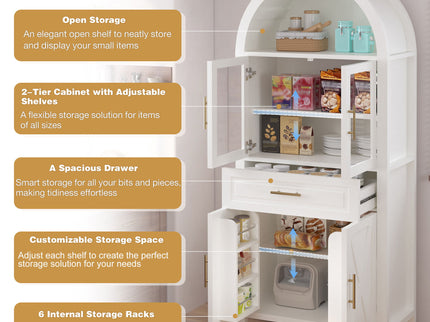 Arched Kitchen Pantry Cabinet With Adjustable Shelves & Barn Door Design