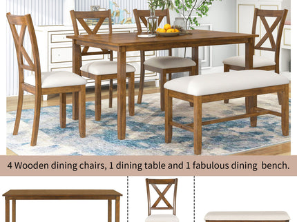 6 Piece Rectangular Dining Table Set With 4 Chairs And Bench