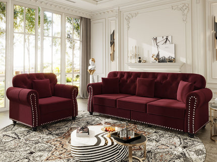 Upholstered Sofa Set With Nailhead Trim And Rolled Armrests, Includes Pillows