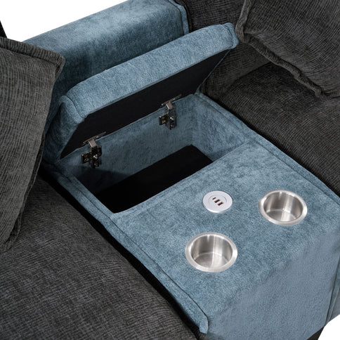 Sectional Sofa With Removable Ottomans, USB Ports, Cup Holders & Storage - Gray / Light Blue