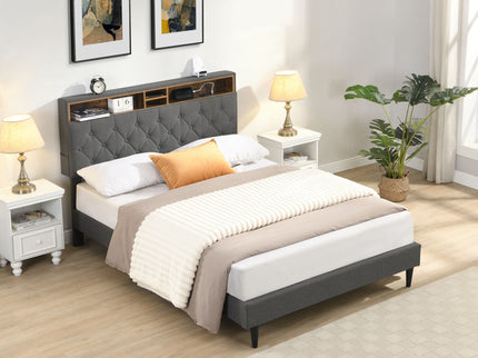 Modern Upholstered Platform Bed Frame With Button Tufted Headboard And USB Ports