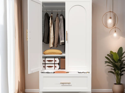 Wardrobe Cabinet With 1 Drawer And Hanging Rod, 2 Doors Closet With Shelf For Bedroom - White