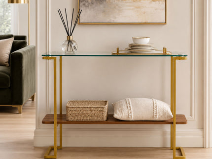 Console Table With Shelf, 2 Tier Living Room - Gold / Walnut