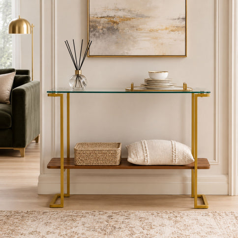 Console Table With Shelf, 2 Tier Living Room - Gold / Walnut