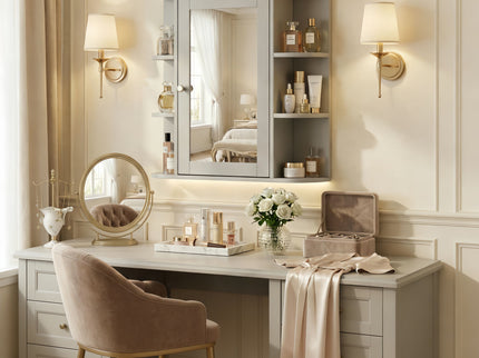 Bathroom Wall Storage Cabinet With Mirror And Adjustable Shelf, 6 Open Shelves