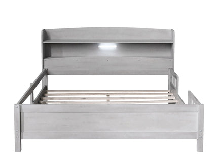 Wood Platform Bed With Built In LED Light, Storage Headboard And Guardrail