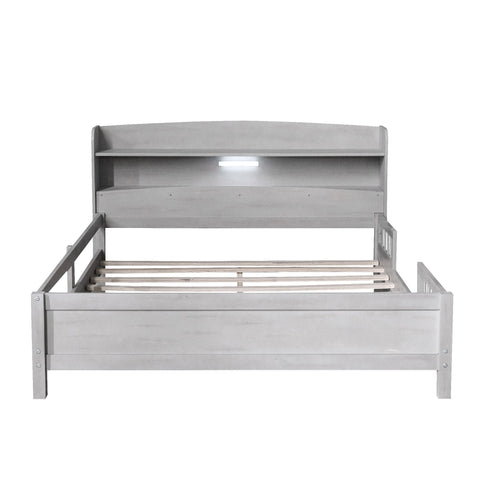 Wood Platform Bed With Built In LED Light, Storage Headboard And Guardrail
