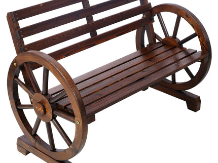 Rustic Country 2 Person Wooden Wagon Wheel Bench With Slatted Seat And Backrest - Brown