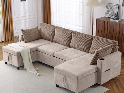 Sectional Sofa Bed With Pull Out Sleeper, USB Ports, Cup Holders