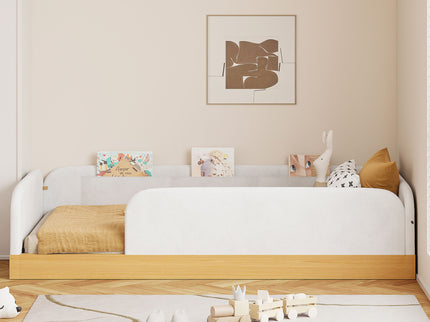 Twin Upholstered Platform Bed With Guardrail And Storage Bags - Natural