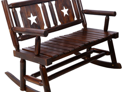 Rustic Outdoor Wood Rocking Bench Double Rocking Chair For 2 Persons With Curved Seat, Porch Rocker - Brown