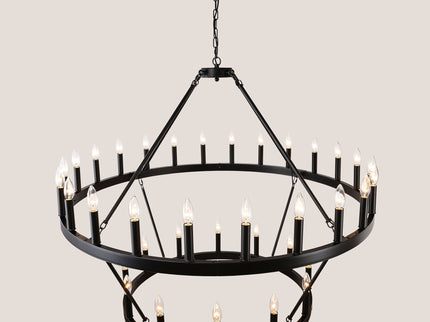 2 Tiers Wagon Wheel Chandelier Wooden Farmhouse 36 Light (24 / 12) Or (12 / 24) Metal Chandeliers 2 Story Light Fixtures Industrial For High Ceiling Living Dining Room Foyer, Adjustable Height - Black