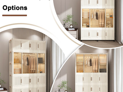 Portable Wardrobe Closet Storage Organizer With 17 Magnetic Doors, 17 Cubes, Hanging Rod & 6 Hangers - Creamy White