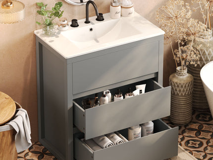 Freestanding Bathroom Vanity With Ceramic Sink, 2 Full Extension Drawers
