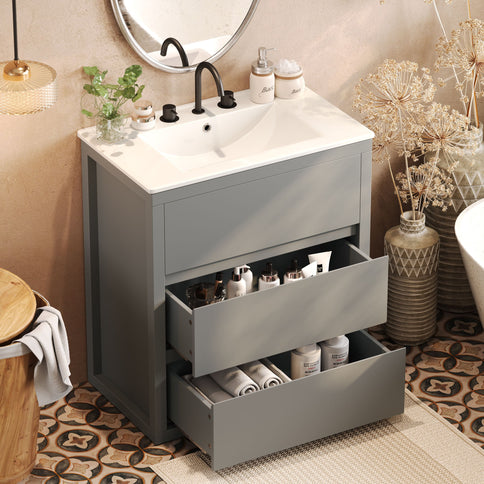 Freestanding Bathroom Vanity With Ceramic Sink, 2 Full Extension Drawers