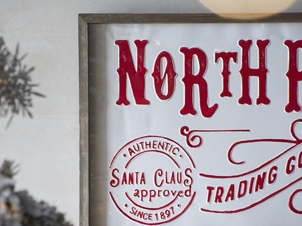 Iron / Wood North Pole Trading Company Wall Sign, For Christmas Holiday Table Wall Decor - White / Red