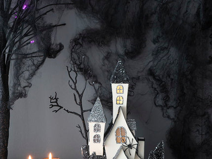 Cardboard Lighted Haunted House, Tabletop Holiday Halloween Decor, Battery Powered - Beige / Black