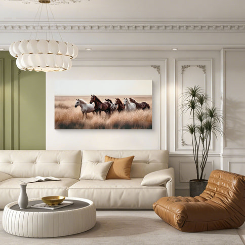 Horses Wall Art Decor, Western Farm Equine Canvas Picture Wild Animals Walking For Living Room - Brown / Cottage White