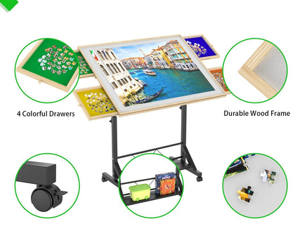 360 Degree Tilting Wooden Puzzle Table With 1500 Pieces, Rolling Design With Adjustable Height, Drawer, And Protective Cover - Black / Natural Wood