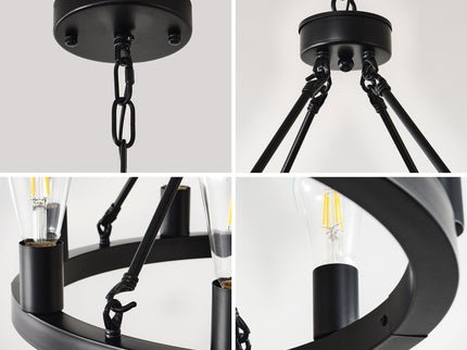 6 Light (No Bulbs) Wagon Wheel Chandelier Farmhouse Modern Small Round Chandelier For Living Room Kitchen Island Foyer Hallway Entryway Bedroom Dining Room Light Fixture Ceiling Hanging - Matte Black