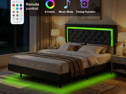 Platform Bed Frame With Adjustable Upholstered Headboard, RGB LED Lights, No Box Spring Needed