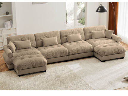 Modern Sectional Sofa With Ottoman, Round Bolster Armrests, Waist And Throw Pillows