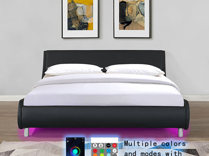 Queen Size Upholstered Platform Bed Frame With LED Lighting, Curve Design, Slat Support, No Box Spring Needed - Black