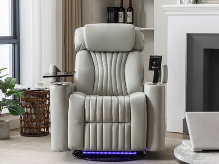 270° Power Swivel Recliner Home Theater Chair With Hidden Arm Storage, LED Light, Cup Holder, And Tray Table