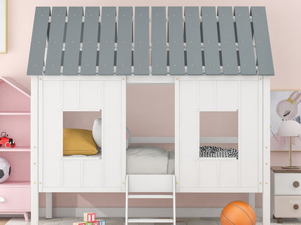 Twin Size Low Loft House Bed With Roof And 2 Front Windows - White