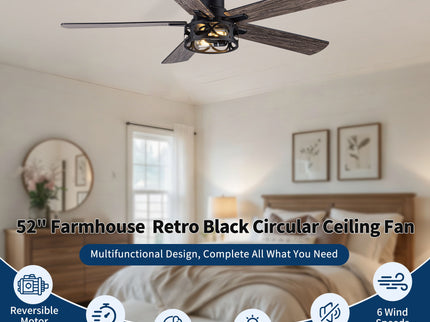 Ceiling Fan With Light, Dual‑Sided Matte Black & Wood Grain Blades - Black