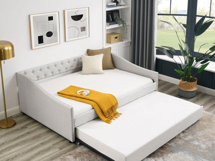 Upholstered Tufted Daybed With Drawers, Waved Arms