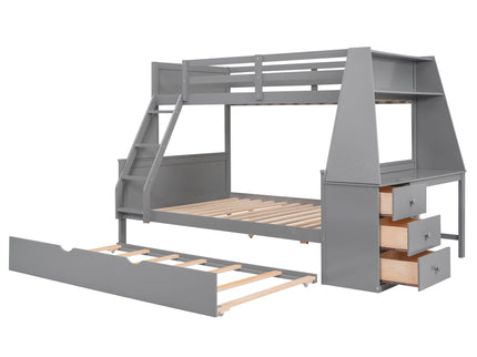 Bunk Bed With Trundle And Built In Desk, 3 Storage Drawers And Shelf