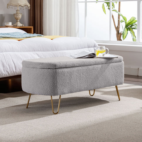 Storage Ottoman Bench For End Of Bed Legs, Modern Camel Faux Fur Entryway Bench Upholstered Padded With Storage For Living Room Bedroom