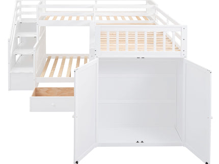L Shaped Bunk Bed With 3 Drawers, Portable Desk And Wardrobe