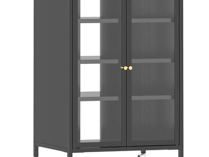 Media Storage Cabinet With Wheels, 4 Adjustable Glass Shelves & Door, Heavy-Duty - Black