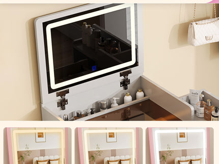 Flip Mirror Vanity Desk With Adjustable LED Lights & Stool For Bedroom