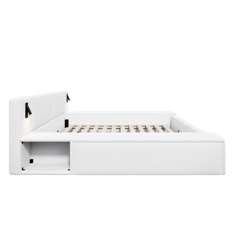 Upholstered Platform Bed Frame With Hidden Storage, Built-In Nightstands & LED Reading Lights