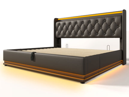 Upholstered Bed, 360 Surround LED Function, Remote Control, Hydraulic Storage Bed With USB, Type-C Charging (Without Mattress)
