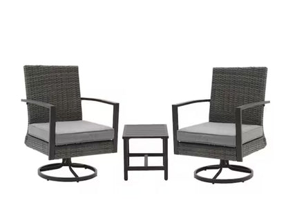 3 Piece Patio Furniture, Swivel Rocker Bistro Set With Side Table & Cushions For Porch - Gray