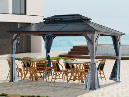 10' x 13' Hardtop Wood Gazebo For Patios, Outdoor Framed Gazebo With Polycarbonate Double Roof Canopy, Solid Wooden Framed Gazebo With Privacy Curtains And Mosquito Nettings For Garden, Backyard - Black